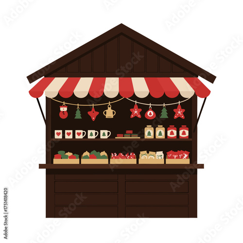 Christmas market stall with decorations and festive treats displayed  