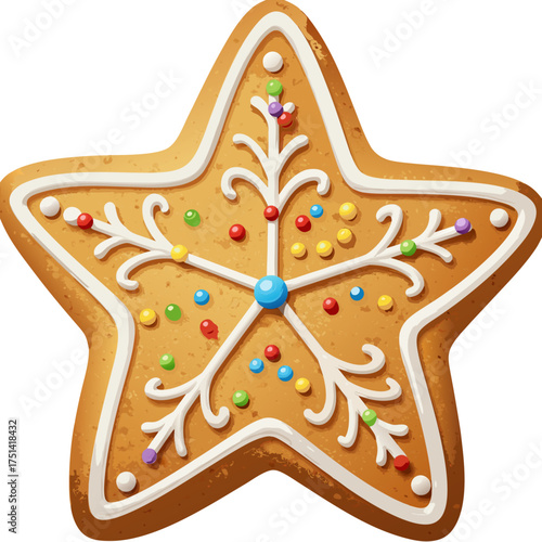 Gingerbread star cookie decorated with icing and colorful sprinkles  