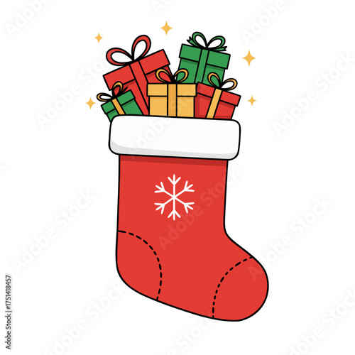 Red Christmas stocking filled with colorful gifts and decorations  