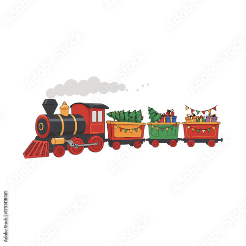 Christmas train with decorated carriages carrying presents and trees  