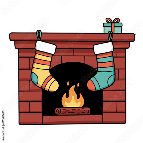 Colorful fireplace with hanging stockings and a gift on the mantel  