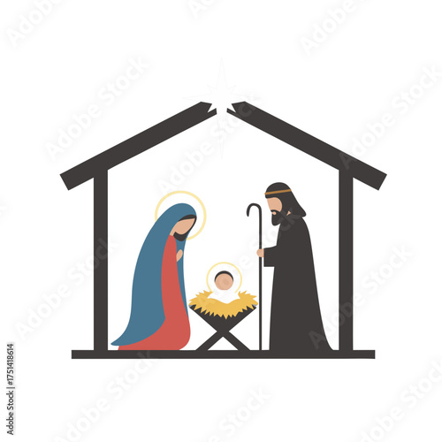 Nativity scene depicting Mary, Joseph, and baby Jesus in stable  