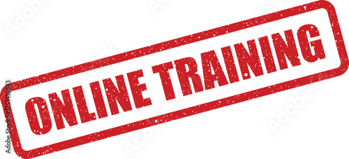 Distressed red rectangular rubber stamp illustration promoting online training programs or virtual educational courses