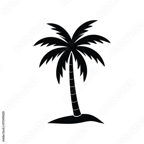 Isolated black silhouette of a single tropical palm tree on an island, a symbol of summer and paradise