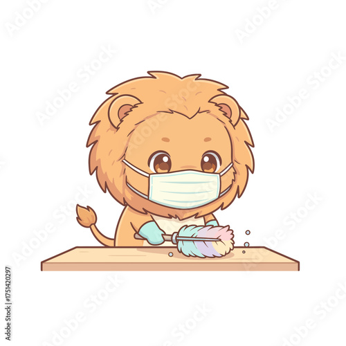 A cute cartoon lion wearing a face mask and gloves cleans a wooden surface with a feather duster.