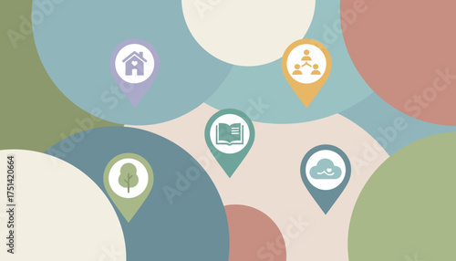 Colorful abstract background with pins representing home community education nature digital wellbeing Life balance concept