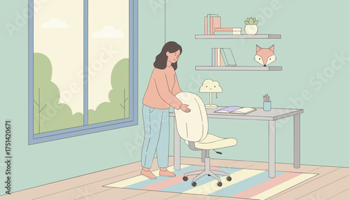 Young woman tidying up her chair in a serene home office or study space for work or leisure
