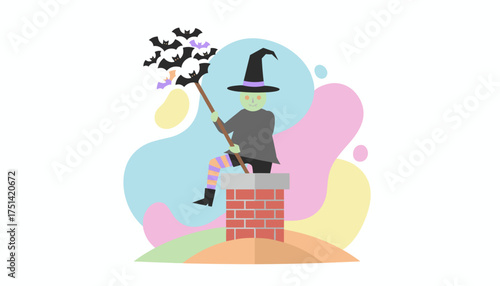 Whimsical witch sitting on a chimney with a flock of bats Halloween concept for seasonal design