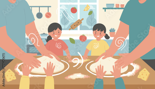 Family hands kneading dough with happy kids in kitchen Baking cooking and togetherness