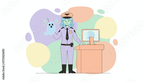 Halloween police officer detecting spooky ghosts at security desk Mystery investigation concept