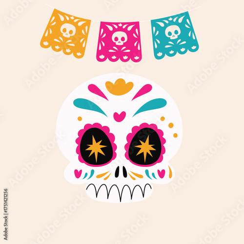 Sugar Skull and Garland Illustration for Day of the Dead, a Festive Celebration of Life