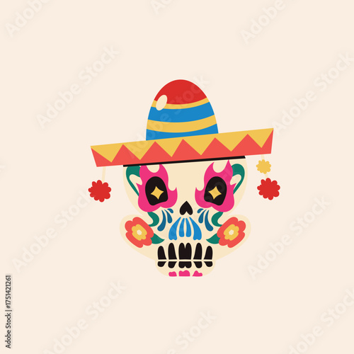 Dia de los Muertos Colorful Skull Wearing a Sombrero Illustration for Day of the Dead Celebration