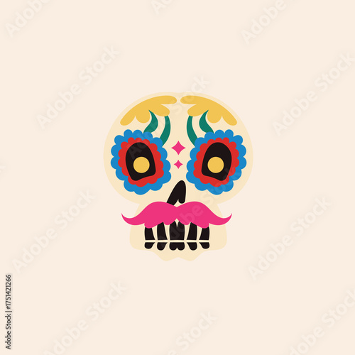 Vibrant and whimsically decorated skull illustration with a playful pink mustache, embodying a festive cultural celebration concept for diverse creative projects