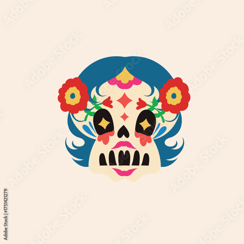 Day of the Dead Skull with Flowers for a Festive Halloween Celebration and Sugar Skull Icon