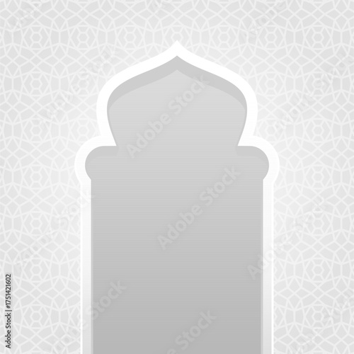 Islamic Grey Background with Mosque Arch Frame and Arabic Geometric Pattern, Elegant Minimalist Design Template for Ramadan, Eid, and Religious Poster Vector Illustration