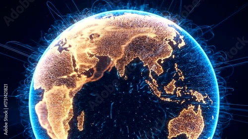 Illuminated Earth with Dynamic Network Lines Against a Dark Background