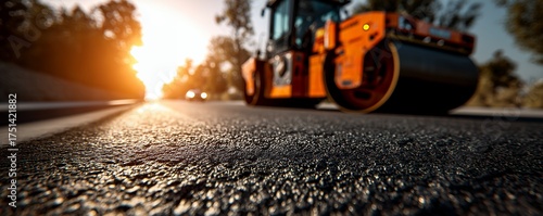 Close-up asphalt road surface with road roller in blurred background at sunrise, concept for construction, infrastructure project and highway maintenance