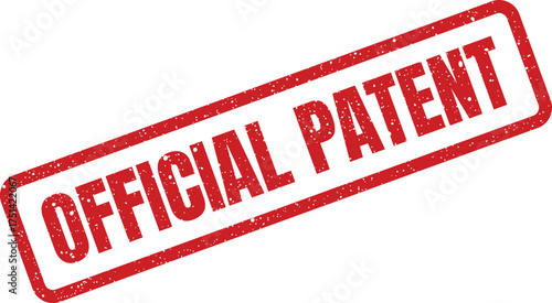 Distressed red rubber stamp featuring OFFICIAL PATENT signifying intellectual property rights and legal registration