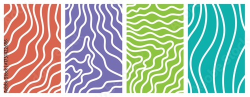 Twisted lines, fluid, curved, wiggling stripes, waves vector backgrounds set. Liquid, chaotic retro ornaments, groovy hippie patterns collection. Doodle, uneven hand drawn wavy, organic winding lines
