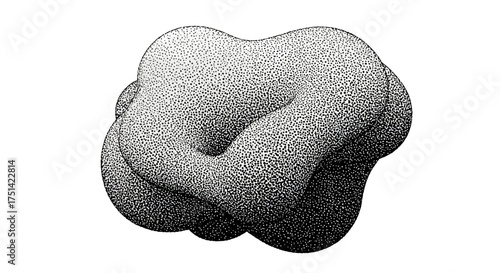 Monochromatic stippled illustration of an abstract amorphous 3D object, featuring smooth curves and soft dotwork shading for a modern graphic effect
