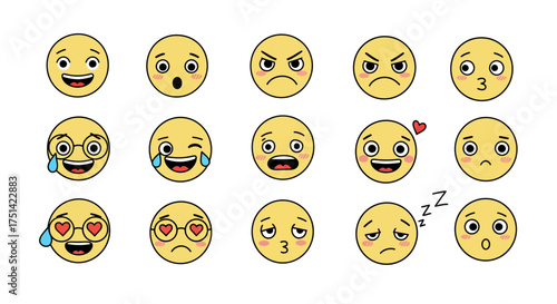 A diverse set of expressive yellow cartoon emoticons showing various feelings like joy, sadness, anger, and love. A versatile Image_fx (21).eps graphic collection for digital communication
