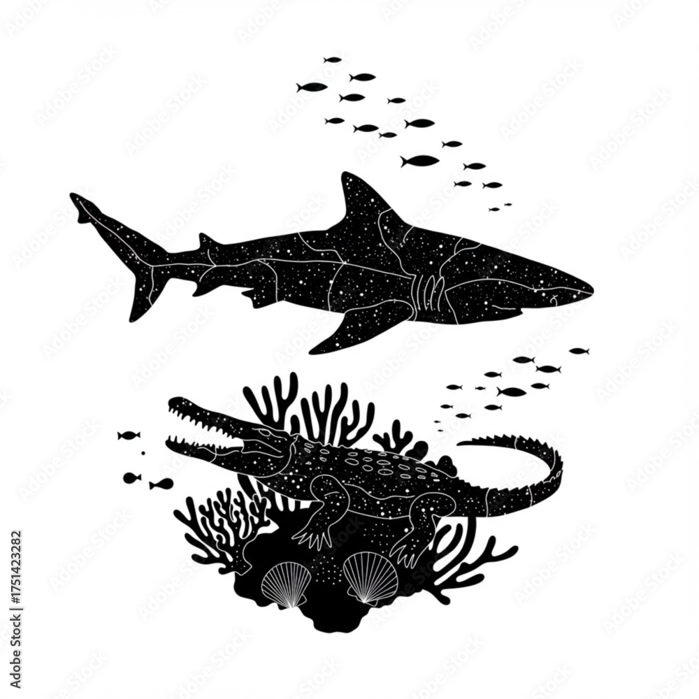 Fototapeta premium Shark and Crocodile Silhouette with Underwater Coral and Fish – Dual Sea Predator Vector Illustration