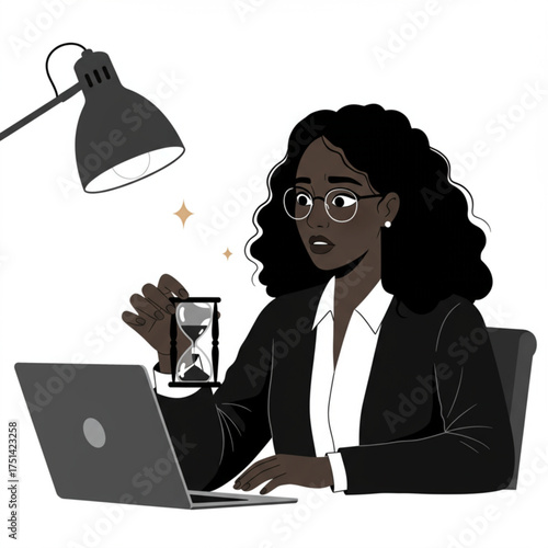 Businesswoman Holding Hourglass While Working on Laptop – Time Management and Productivity Concept Vector Illustration