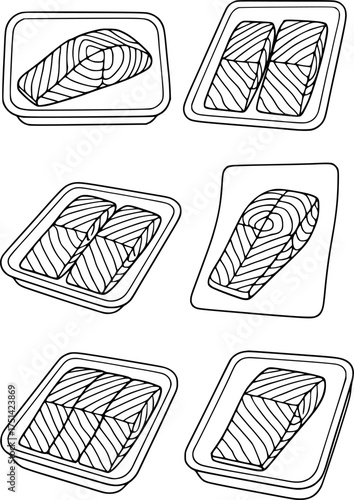 Vector outline for coloring, salmon meat in a container