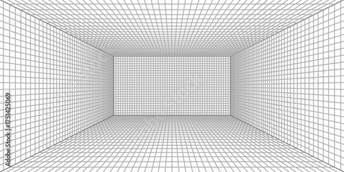 White pePerspective grid background 3d Vector illustration. Interior design Model projection background template. Line one point perspectiverspective grid room on black background