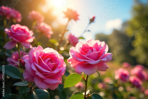 Vibrant pink roses in full bloom under a summer sun, petals unfurling in the warm breeze A picturesque scene of summer beauty and floral abundance , botany, warm, breeze