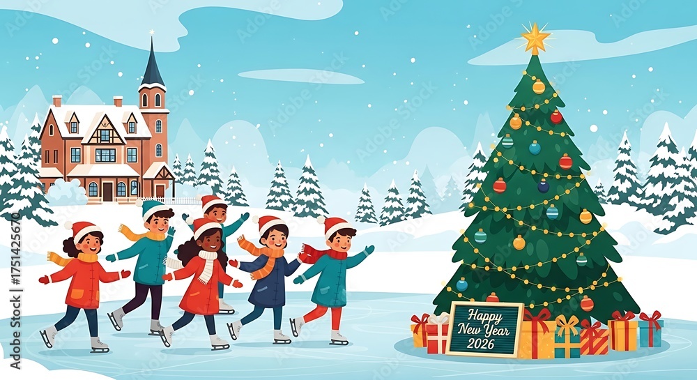 Fototapeta premium Children skating on frozen pond near christmas tree and snowcovered house during winter holiday season, creating joyful and festive atmosphere.