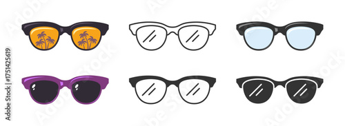Sunglasses palm trees in lenses. Modern frame clear and dark glass eyeglasses set. Shades simple outline, flat, silhouette, glyph style spectacles. Casual minimal stylish eyewear, fashion accessory