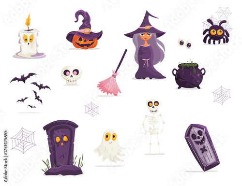 Colorful Halloween set with witch, pumpkin, skull, spider, bats, ghost, cauldron and tombstone perfect for festive design, posters, cards, stickers and decorations