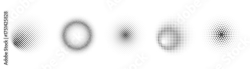 Halftone gradient circles set. Abstract dotted round shapes. Radial fading patterns, retro comic textured sphere silhouettes, minimal monochrome stippling geometric point graphic shading effect