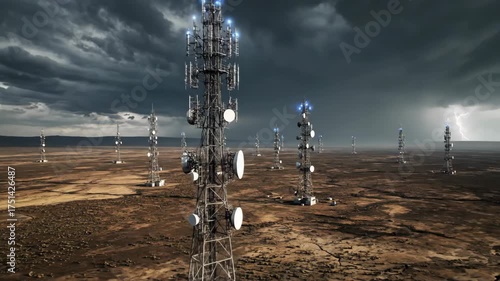Communication towers in a field under dramatic storm clouds, lightning