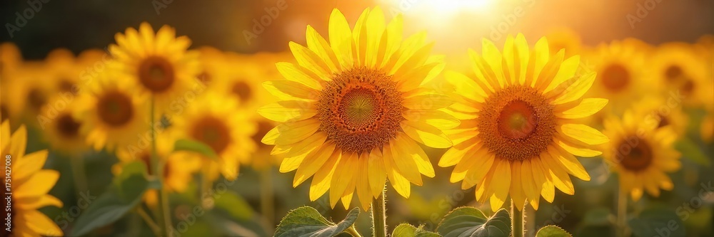 Obraz premium Vibrant sunflowers bathed in warm, golden sunshine, their faces turned towards the radiant light A picturesque display of summer's joyful energy , macro, sunlight