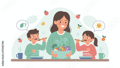 Mother and children happily enjoy a nutritious meal promoting healthy eating habits and family wellness