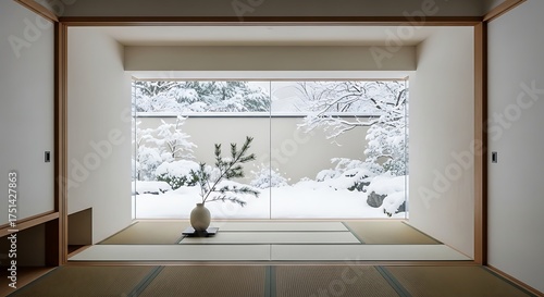Snowy garden is viewed from traditional Japanese room with tatami mats and shoji screens, creating peaceful and serene winter scene.