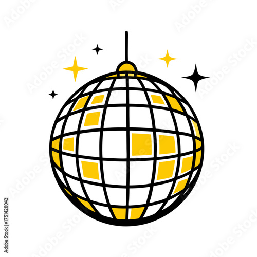 Disco ball with yellow squares and stars on white background  