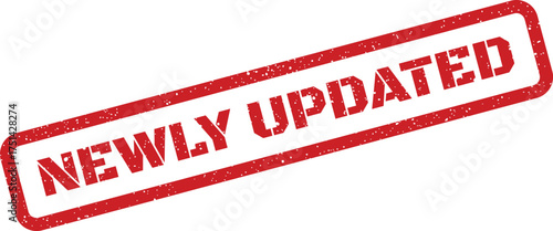Distressed textured rubber stamp graphic conveying NEWLY UPDATED status, indicating recent revisions or improvements