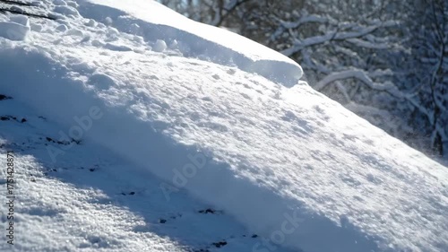 Snowdrift Detail on roof, winter scene with tree branches background