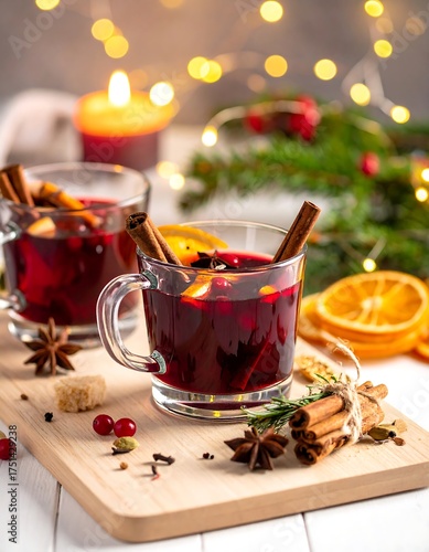 Warm glasses of spiced wine with holiday garnishes