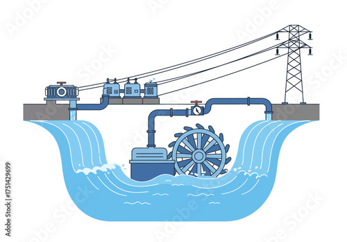 Hydroelectric Power Plant Illustration Generating Energy with Water Wheel