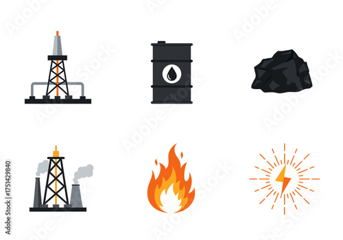 Energy Resources Icons Oil, Coal, Fire, and Power Generation