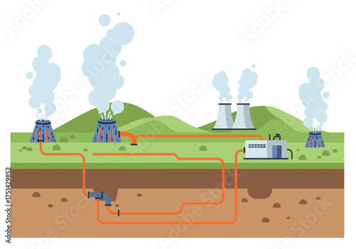 Geothermal Power Plant Diagram Sustainable Energy Production Illustration