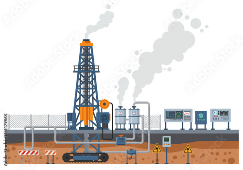 Industrial Oil Extraction Site with Rig and Monitoring Stations Illustration