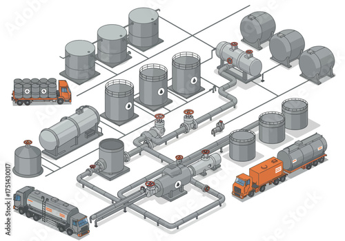 Isometric Oil Refinery Illustration Industrial Landscape with Storage Tanks and Transportation
