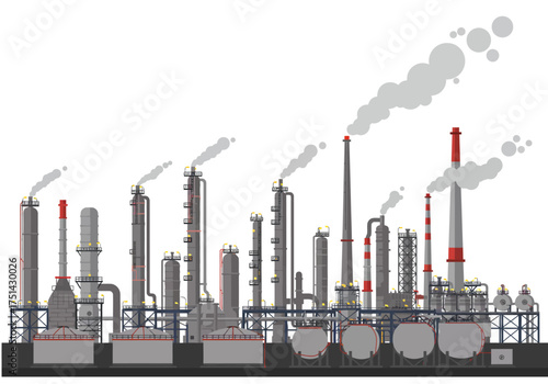Detailed Oil Refinery Illustration with Smokestacks and Industrial Design