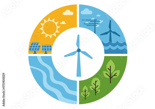 Renewable Energy Sources - Wind, Solar, Hydro, and Biomass Illustration