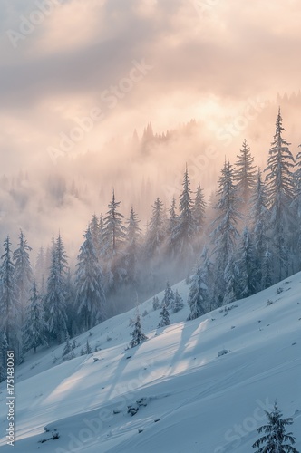 Wallpaper Mural Snowy Pine Ridge – Serene Winter Landscape under Soft Light Torontodigital.ca